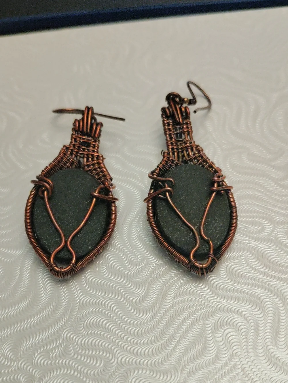 Artisan Copper Wire Abalone Teardrop Earrings - Blue Green